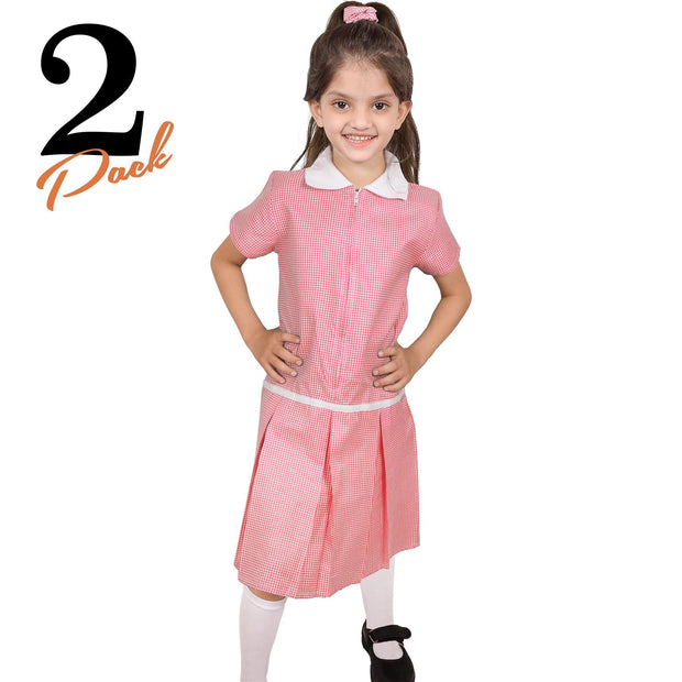 Kids Girls 2 Pack Uniform School Zip Up Gingham Dress With Matching Scrunchies - A2Z 4 Kids