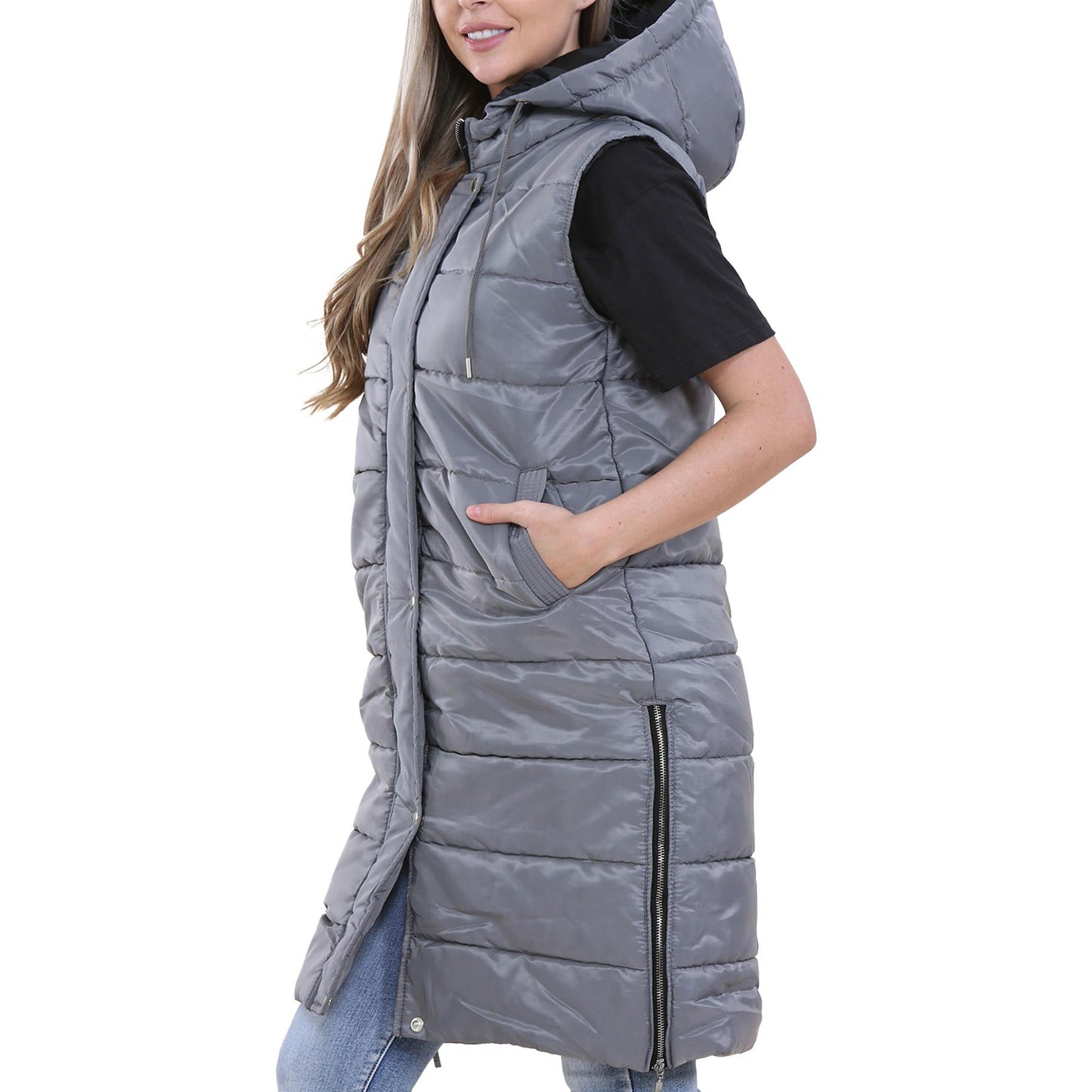 Ladies Sleeveless Gilet Oversized Hooded Quilted Gilet Padded Long Line Coat