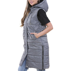 Ladies Sleeveless Gilet Oversized Hooded Quilted Gilet Padded Long Line Coat