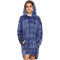 Kids Girls Boys Oversized Hoodie Blue Tartan Printed Snuggle Soft Fleece Blanket