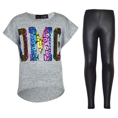 Kids Girls OMG Print T Shirt Top & Wet Look Leopard Legging Outfit Set 7-13 Yrs