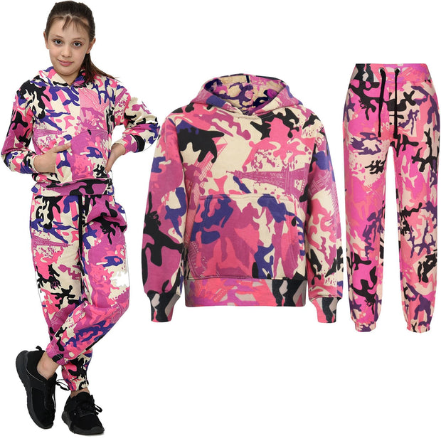 A2Z 4 Kids Girls Boys Unisex Tracksuit Camouflage Baby Pink Print Hooded Sweat Hoodie & Bottom Jog Suit Joggers Age 5 6 7 8 9 10 11 12 13 Years