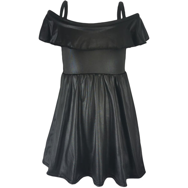 Kids Girls Off Shoulder Dress Wet Look Summer Party Outfit Dresses 7-13 Years