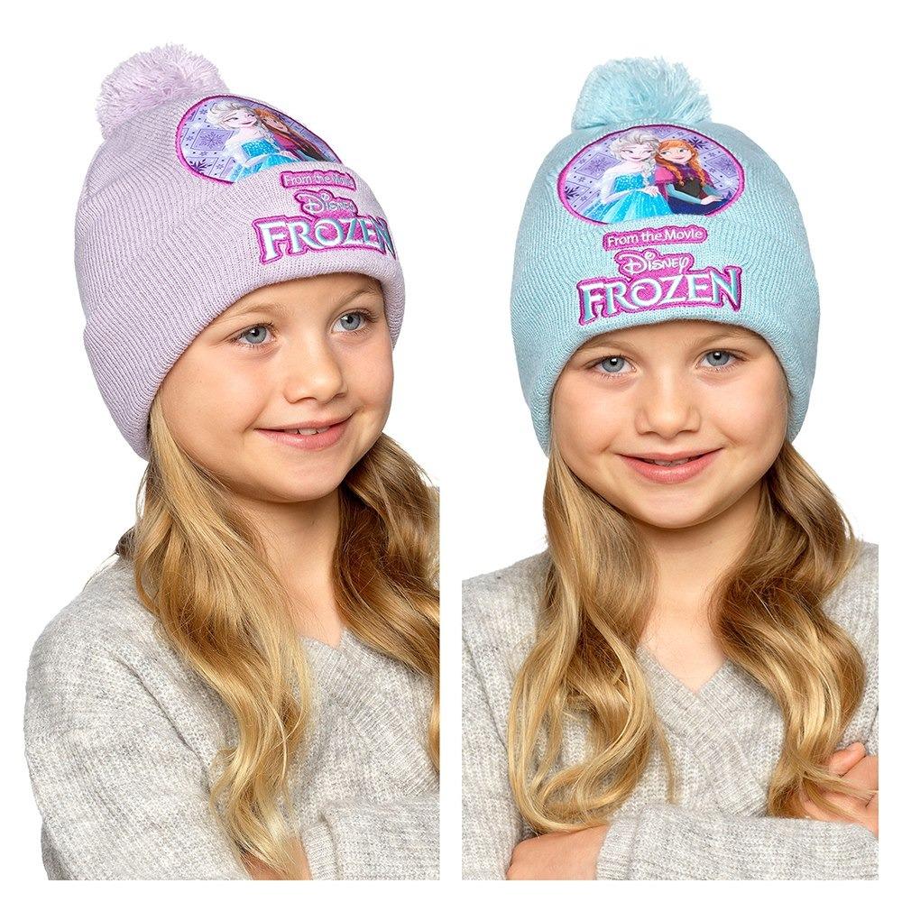 Disney Frozen Girls Lilac Blue Embroidered Pom Pom Winter Beanie Hats 2 Pack
