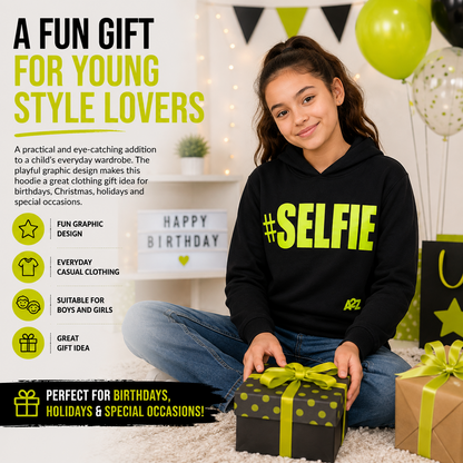 Kids Girls Boys Sweat Shirts Tops #Selfie Hooded Jumpers Hoodies New Age 2-13 Yr