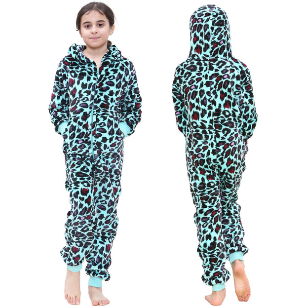 A2Z 4 Kids Girls Onesie Leopard Pyjama Sets Onesie One Piece Hooded All In One
