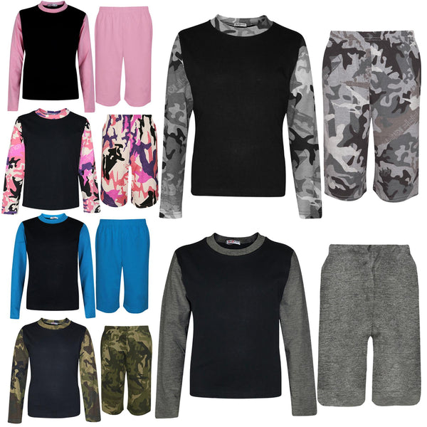 Kids Boys Long Sleeve Pyjamas Contrast T-Shirt Shorts loungewear Age 5-13 Years