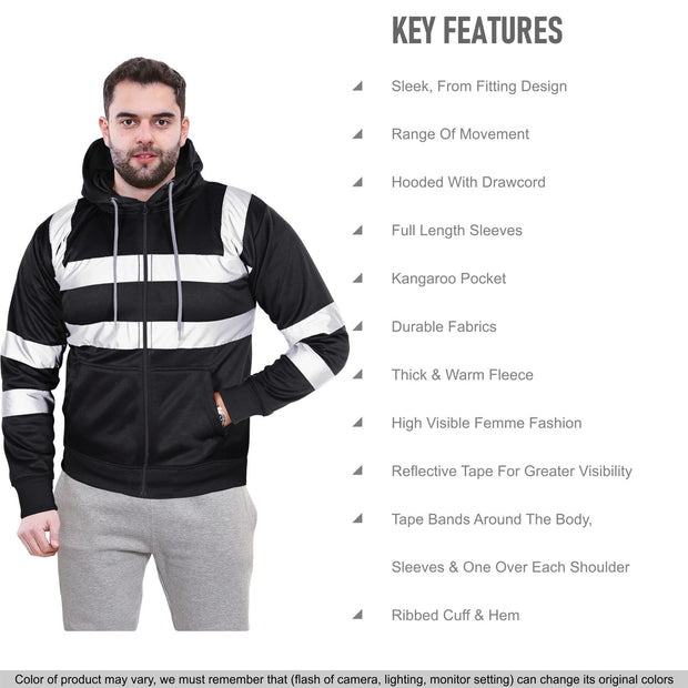 A2Z High Visibility Safe Work Hooded Zipper Two Tone Reflective Tape Pullover Sweatshirt Hi Vis Viz Casual Workout Safety Zip Up Hoodie Workwear For Men's Small Mediuam Large XL 2XL 3XL 4XL