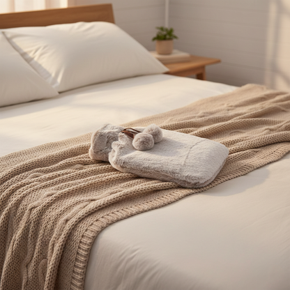 A2Z Hot Water Bottles Soft Husky Plush Pom Pom 2 Liter Fleece Cover Heat Therapy