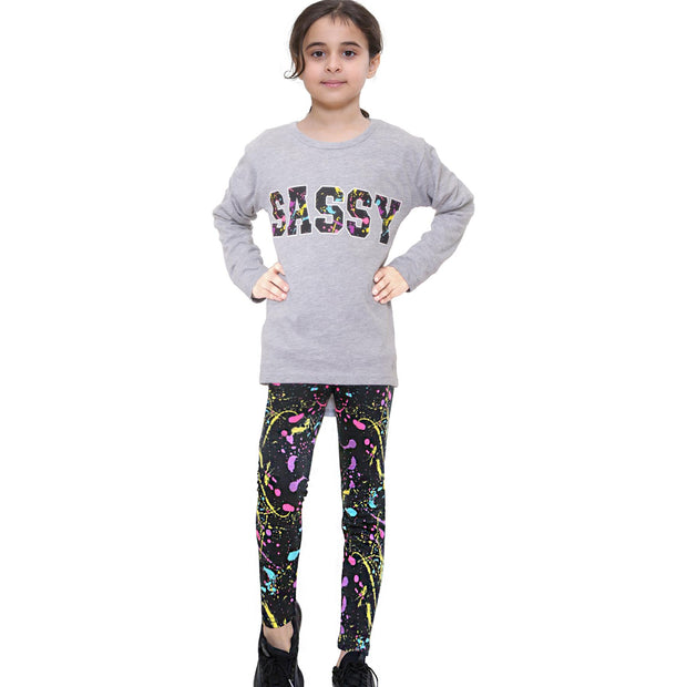 A2Z 4 Kids Girls Top Kids Sassy Print Trendy Grey Long Sleeves T Shirt Tops & Fashion Legging Outfit Set Age 5-6, 7-8, 9-10, 11-12 & 13 Years