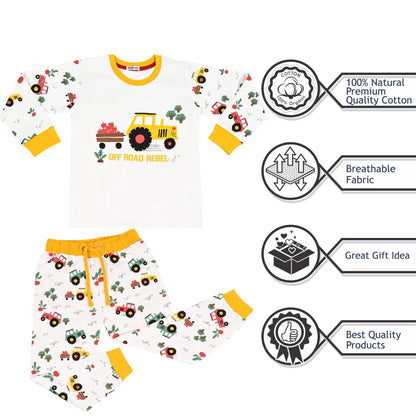 Kids Girls Boys Pyjamas Tractor Contrast Top Bottom Sleepwear Unisex Outfit Set