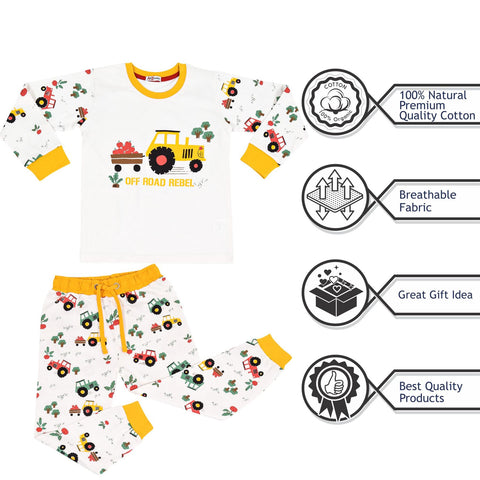 Kids Girls Boys Pyjamas Tractor Contrast Top Bottom Sleepwear Unisex Outfit Set