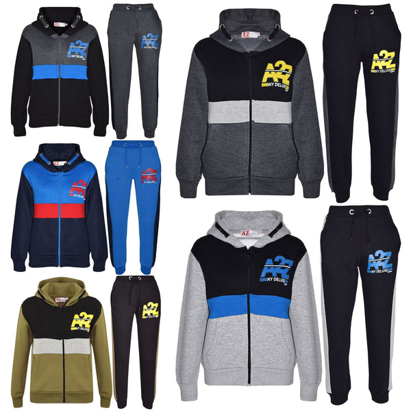 Kids Boys Girls Contrast Panel Tracksuit A2Z NY Deluxe Print Hoodie With Joggers