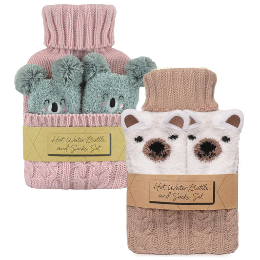 A2Z Hot Water Bottle 1 Litre Capacity Cable Knitted Cover & Cosy Socks Gift Set