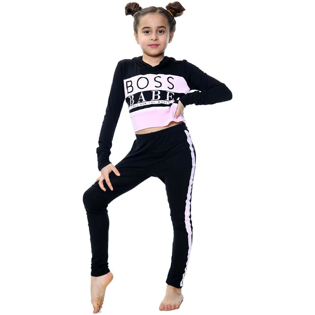 A2Z 4 Kids Girls Crop Top Boss Babe Printed Black Hooded Long Sleeves Top & Trendy Fashion Legging Outfit Sets New Age 7 8 9 10 11 12 13 Years