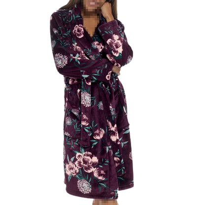 A2Z Women's Luxurious Floral Print Fleece Robe Winter Shawl Collar Dressing Gown