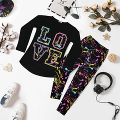Kids Girls Long Sleeves Love Print Black T Shirt Top & Splash Legging Outfit Set