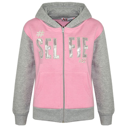 A2Z 4 Kids #SELFIE Tracksuit Sequin Embroidered Baby Pink & Grey Hoodie with Jogger Sweatpants Sports Casual Fashion Activewear Set Girls Boys Childrens Age 5-13 years