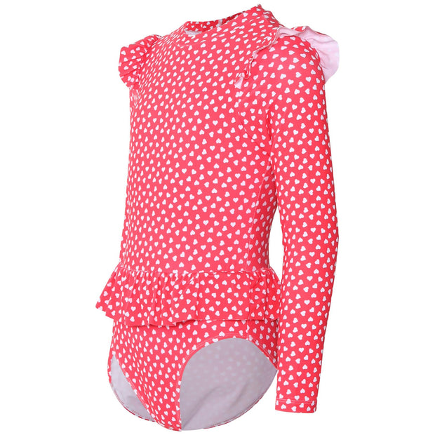 Kids Girls One Piece Swimsuit Ruffle Trim Long Sleeve Swimming Costume 2-14 Yrs