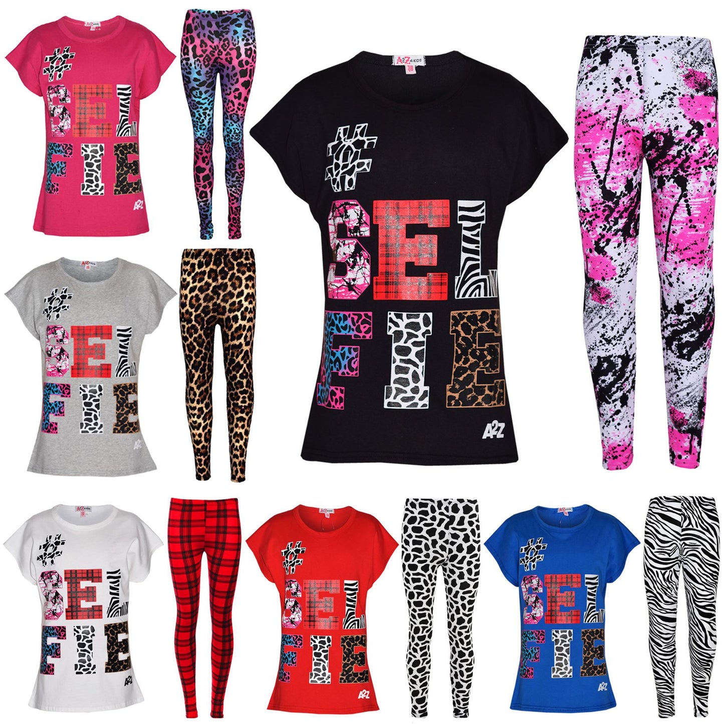 Girls Tops Kids Selfie Print Trendy T Shirt Top & Fashion Legging Set 7-13 Years