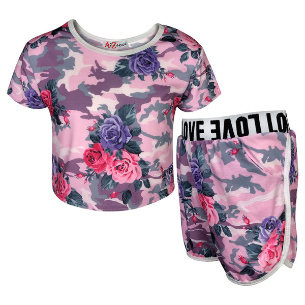 Kids Girls Top & Shorts Camouflage Floral Print Fashion Summer Outfit Set 7-13 Y