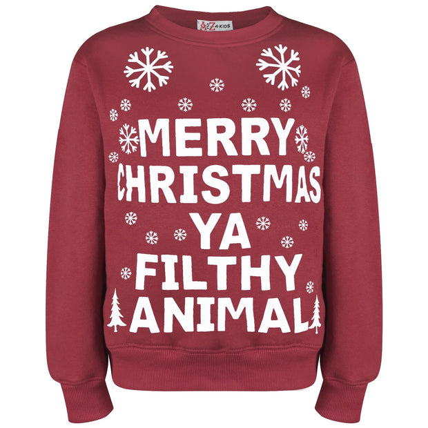 Girls Boys Christmas Jumper Novelty " Merry Christmas Ya Filthy Animal " Sweater Age 7-13 YearsGirls Boys Christmas Jumper Novelty " Merry Christmas Ya Filthy Animal " Sweater Age 7-13 Years