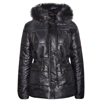 Kids Girls Jackets Puffer Hooded Detachable Faux Fur Wet Look Padded Long Coats