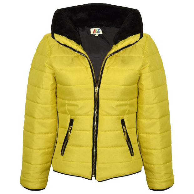 Girls Jacket Kids Padded Mustard Puffer Buble Fur Collar Quilted Warm Thick Coat