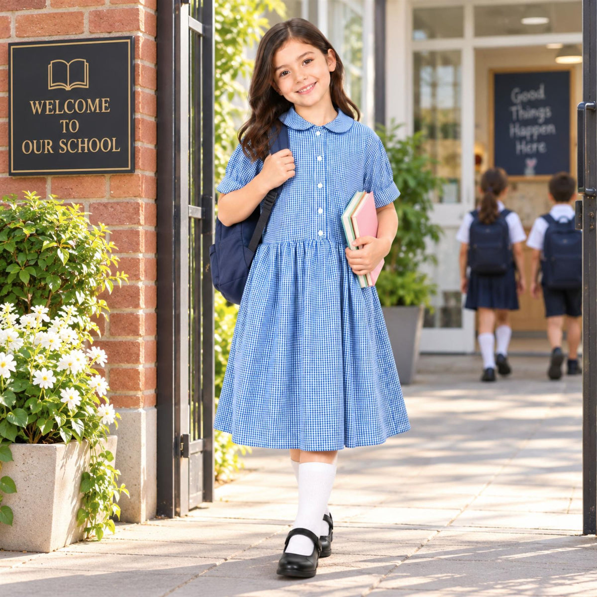 Girls School Gingham Dress Pack Of 2 Check Print Front Button Closure Dresses