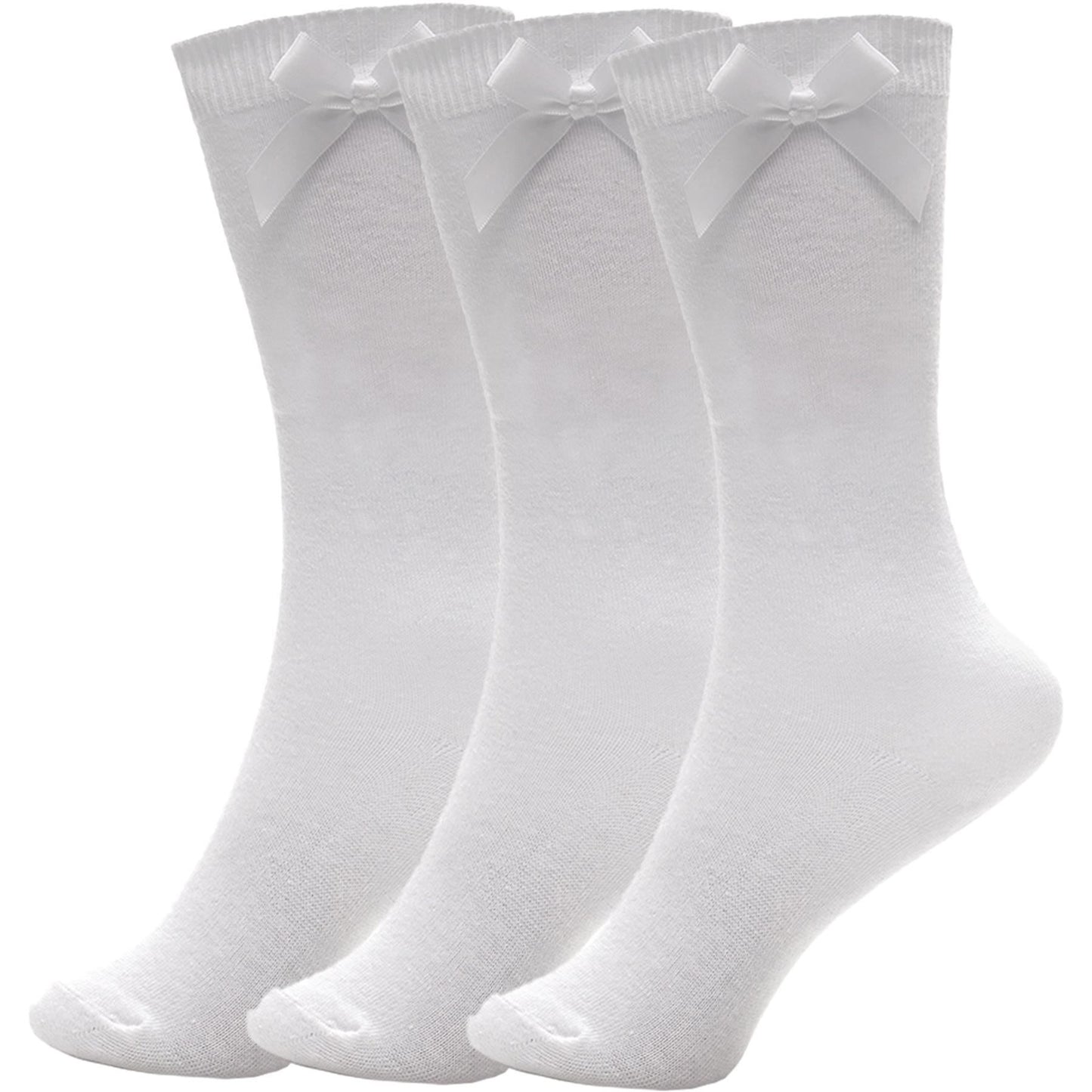 Kids Girls Plain Knee High Socks With Ribbon Bow Pack of 3 School Cotton Socks