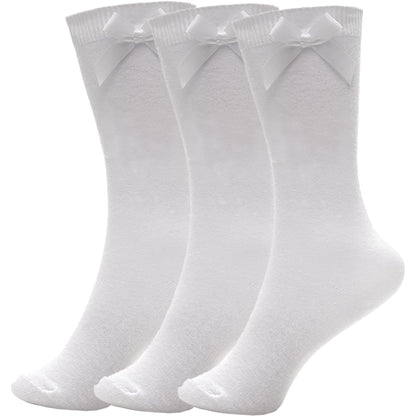 Kids Girls Plain Knee High Socks With Ribbon Bow Pack of 3 School Cotton Socks