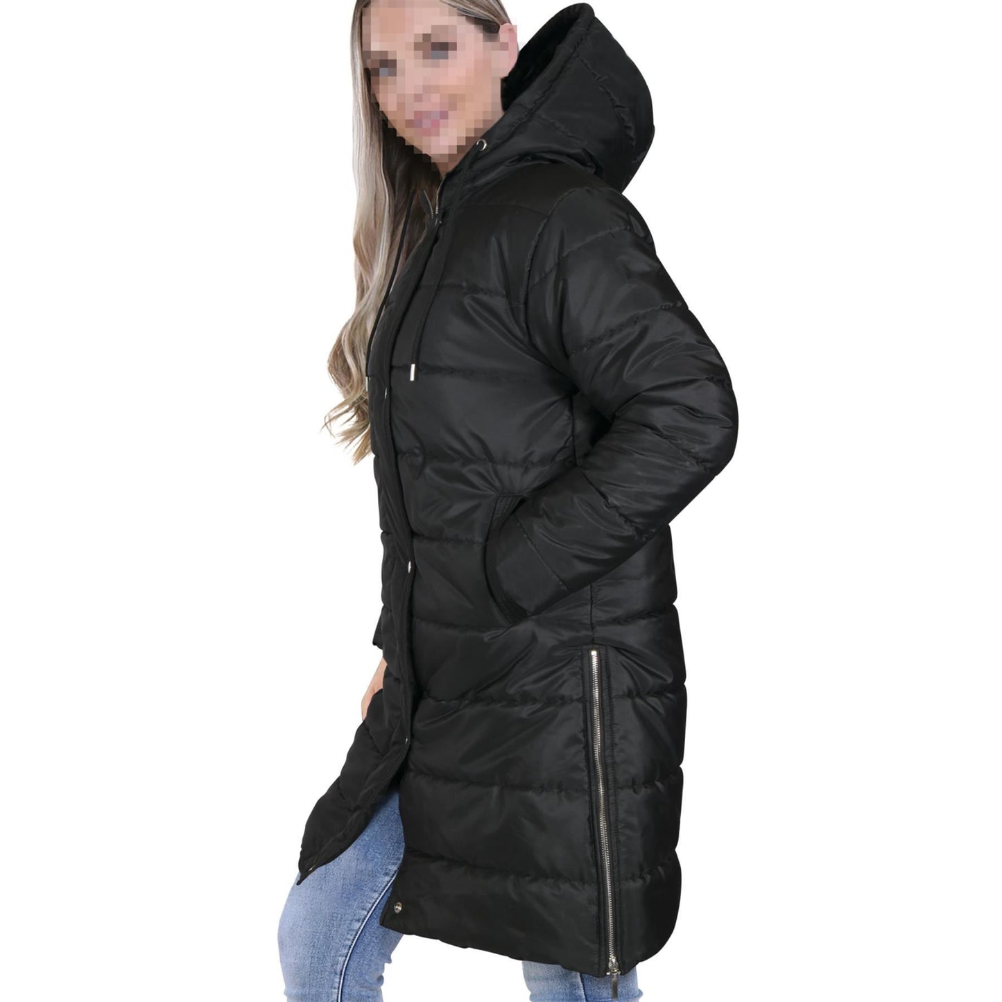 Ladies Adults Long Sleeve Oversized Black Hooded Quilted Padded Coat Jacket
