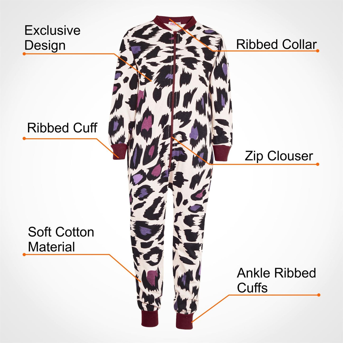 A2Z Onesie One Piece Kids Pyjamas Sleepsuit Leopard Print Costume For Girls