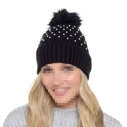A2Z Ladies Hat Ribbed Pearls Knit Bobble Pom Pom Stylish Winter Warm Cozy Hats