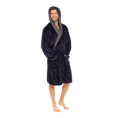 Mens Flannel Fleece Hooded Dressing Gown Sherpa Lined Robe with Belt & Pockets