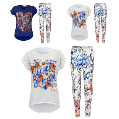 Girls Top Kids Just Smile XX Print Trendy Top & Peach Floral Legging Set 7-13 Yr