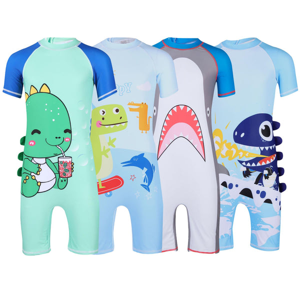 Kids Boys Girls One Piece Swimsuit Short Sleeve Quick Dry Cartoon Dinosaur 2-14