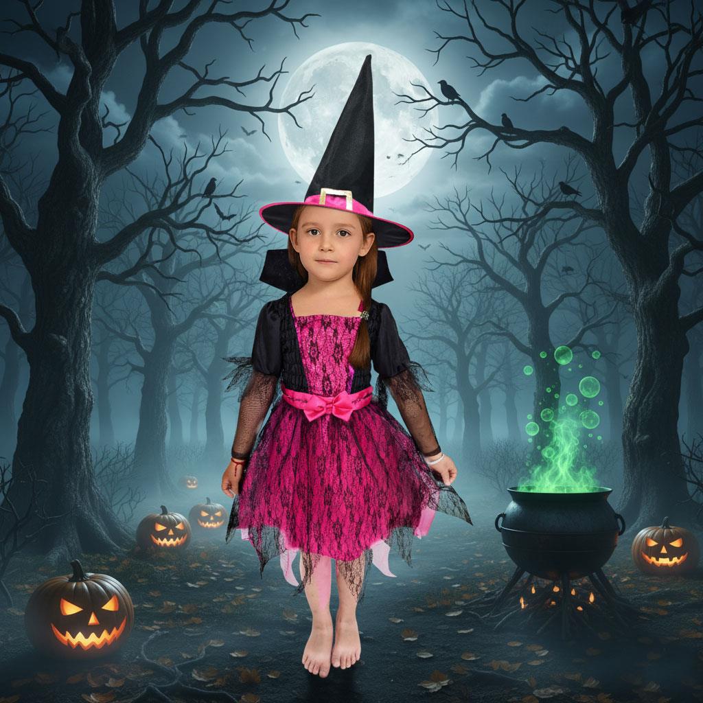 A2Z 4 Kids Girls Halloween Witch Costume Dress with Hat Lace Fancy School Outfit
