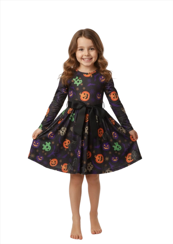 Girls Halloween Swing Dress Ghost Pumpkin Bat Spooky Parties Costume 5-13 Yrs