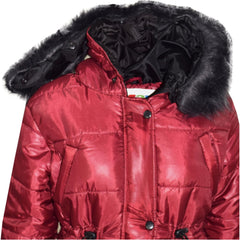 Kids Girls Jackets Puffer Hooded Detachable Faux Fur Wet Look Padded Long Coats