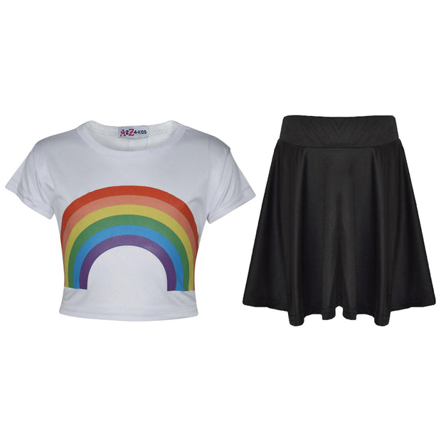 A2Z 4 Kids Girls Crop Top & Skirt Sets Designer's Rainbow Print White Trendy Floss Fashion Belly Shirt & Skirts Trendy T Shirt Tops Tees & Bottom Set New Age 5 6 7 8 9 10 11 12 13 Years