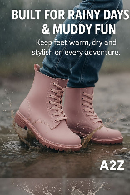 A2Z Womens Wellington Boots Lace Up Pink Waterproof PVC Rain Shoes Ankle Wellies
