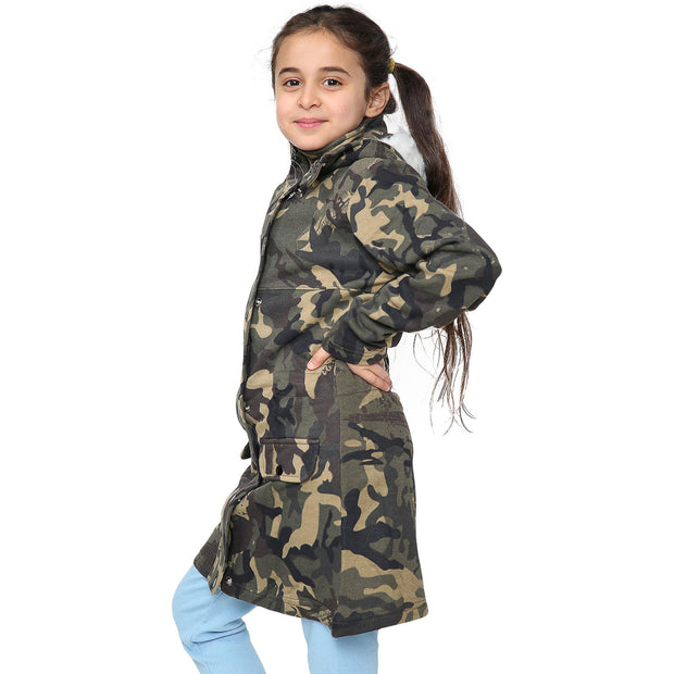 A2Z 4 Kids Camouflage Green Parka Jacket Faux Fur Hooded Coat Drawstring Waist Fashion Girls Age 5-13 Years