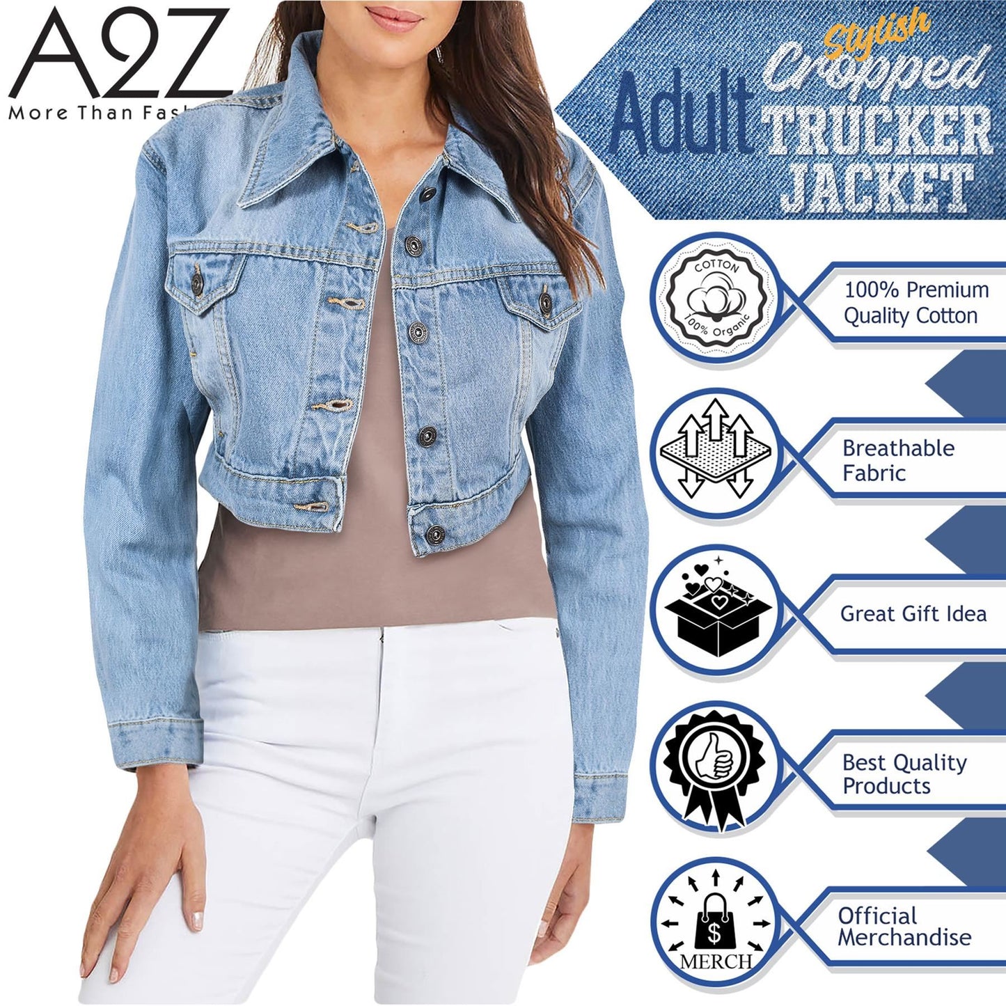 Ladies Women Fashion Cropped Denim Jacket Jean Long Sleeve Jacket Size 8-20