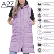 A2Z Ladies Down Vest Oversized Hooded Silver Zipped Quilted Gilet Padded Long Line Vest Lilac Jacket Long Sleeveless Fashion Coat S/M/L/XL/XXL/3XL/4XL