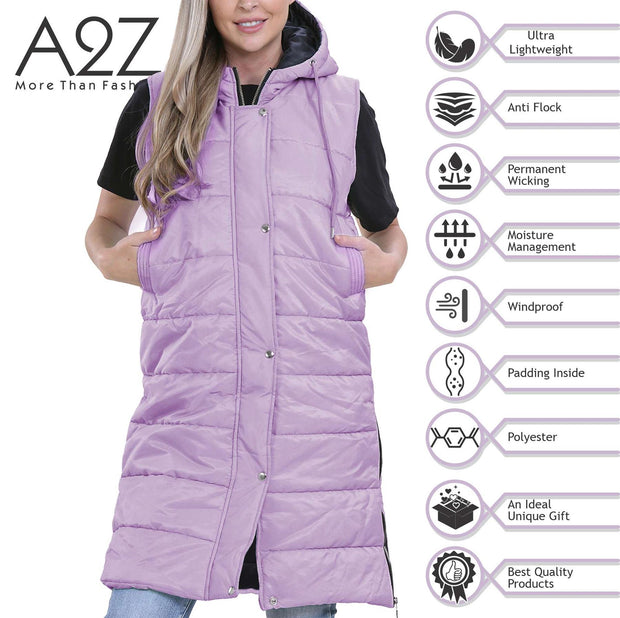 A2Z Ladies Down Vest Oversized Hooded Silver Zipped Quilted Gilet Padded Long Line Vest Lilac Jacket Long Sleeveless Fashion Coat S/M/L/XL/XXL/3XL/4XL