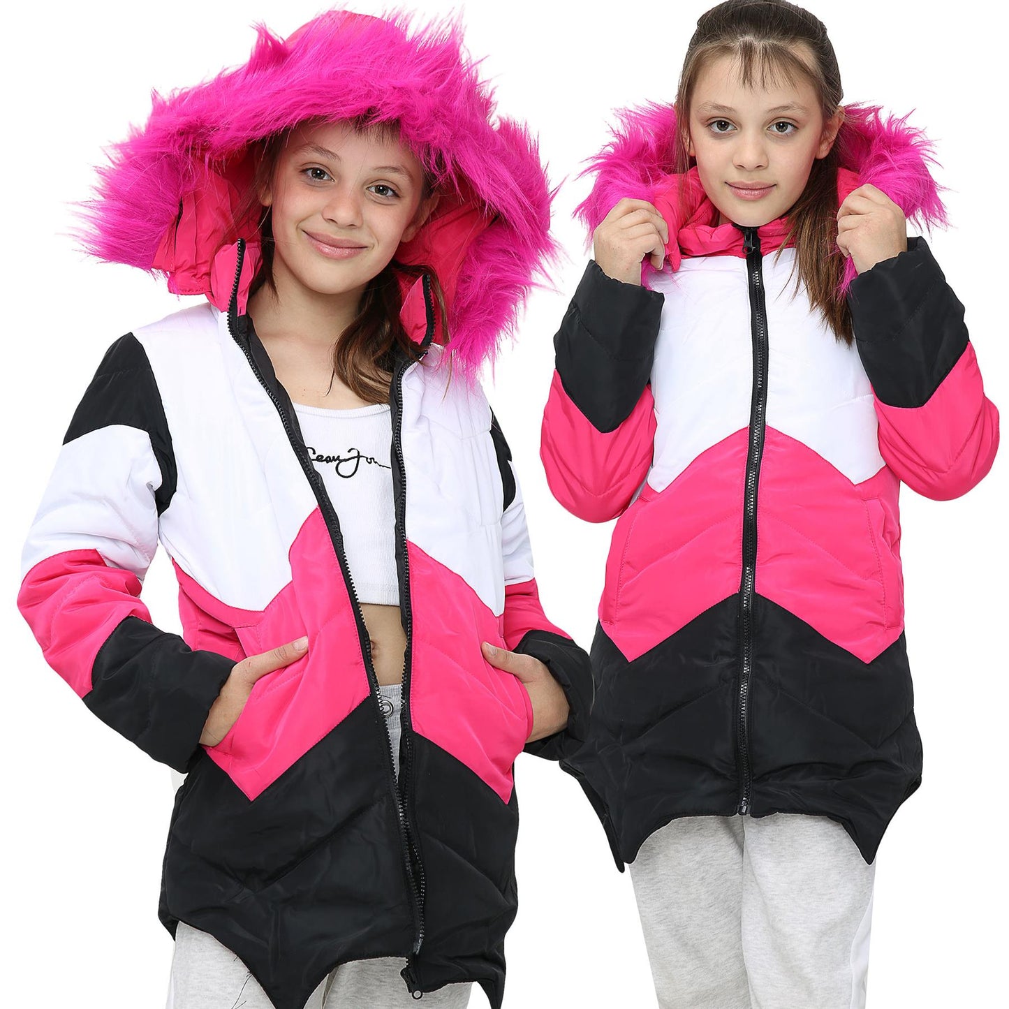 Kids Hooded Contrast Panel Puffer Coat Faux Fur Jacket For Girls 2-13yrs