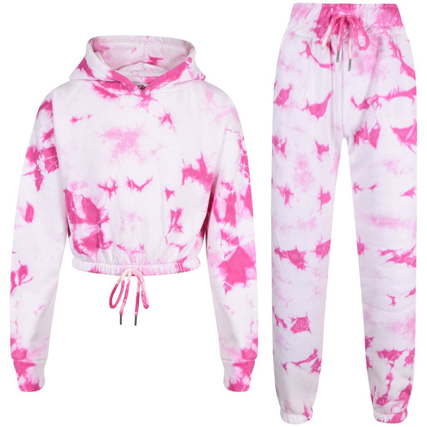 A2Z 4 Kids Tracksuit Tie Dye Printed Pink Cropped Hoodie with Jogger Sweatpants Gym Sports Activewear Cord Outfit Set Girls Children Age 5-6, 7-8, 9-10, 11-12 & 13 years