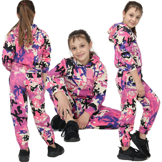 A2Z 4 Kids Girls Boys Unisex Tracksuit Camouflage Baby Pink Print Hooded Sweat Hoodie & Bottom Jog Suit Joggers Age 5 6 7 8 9 10 11 12 13 Years