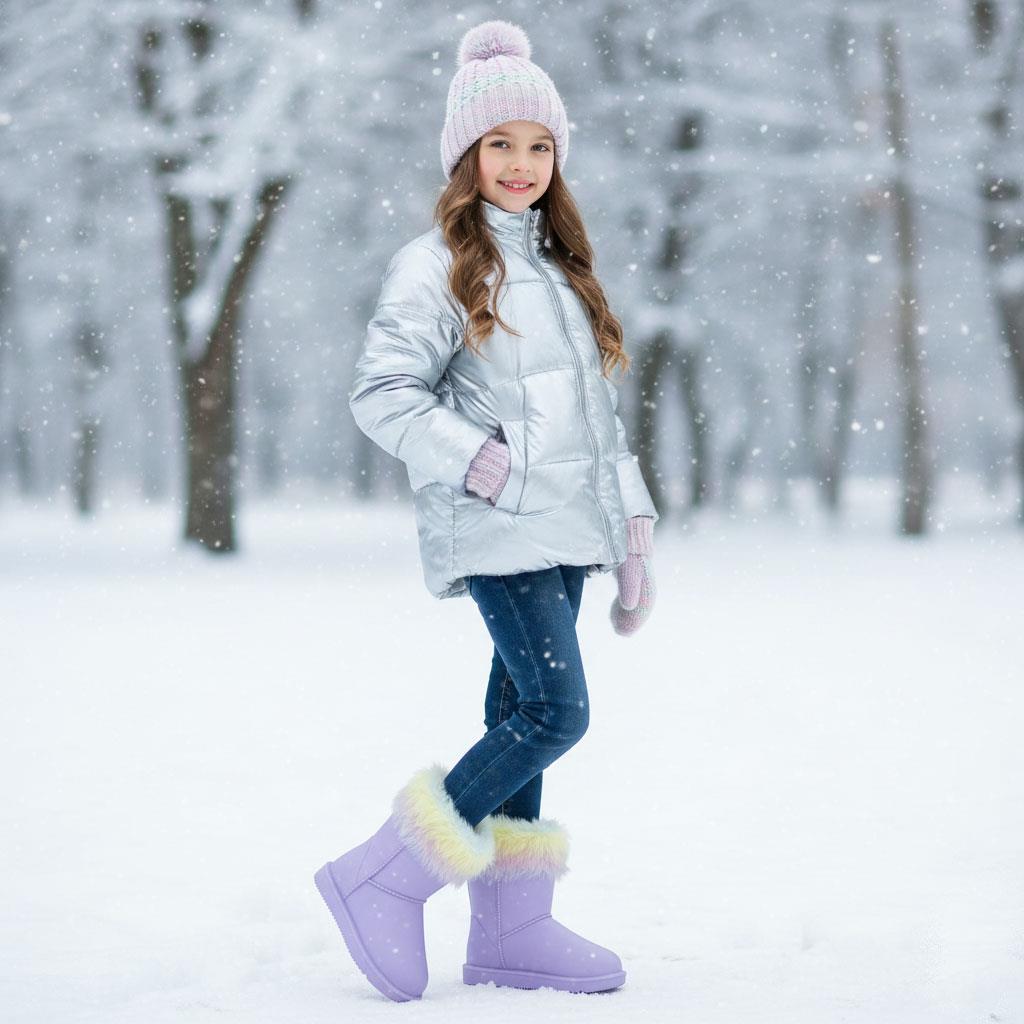 Girls Faux Fur Lined PVC Outer Non Slip Sole Snow Shoes Purple Sizes 10 to 2.5